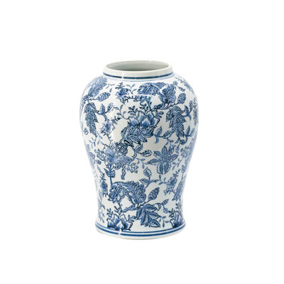 Brady Ginger Jar With Dome Lid, Floral Pattern Blue-White Porcelain 18 Inch