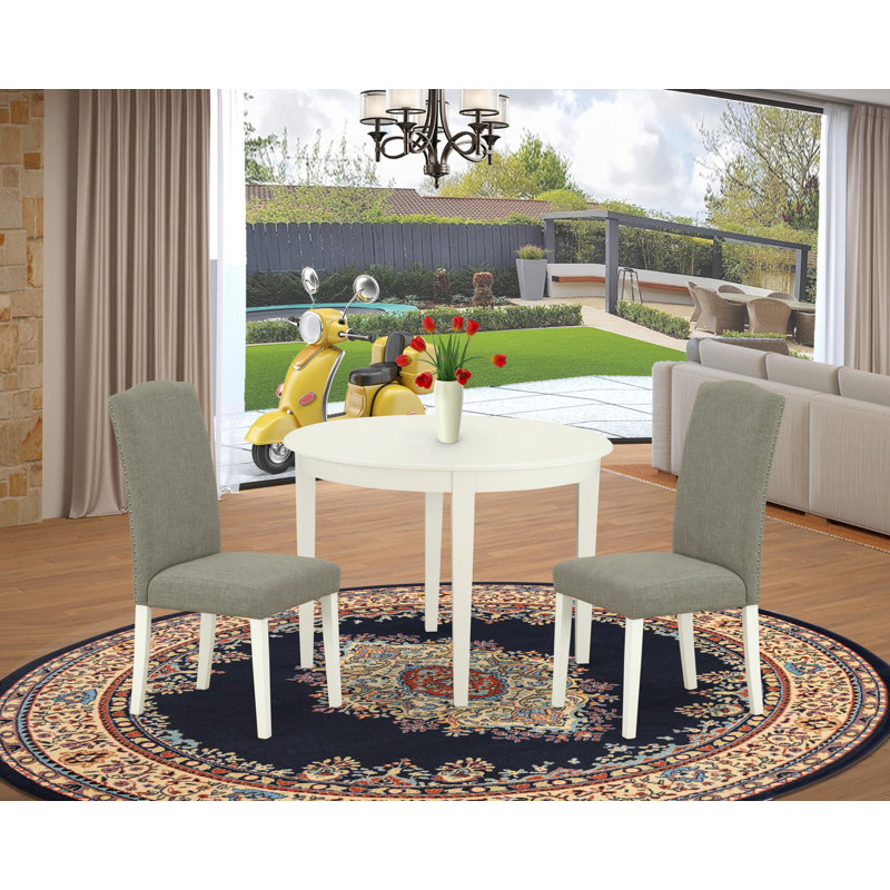 L'ensemble de meubles de salle à manger 3 pièces comprend une table de cuisine ronde et 2 chaises Parson en tissu Shitake foncé, blanc lin