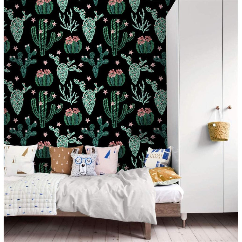 Dakota Fields 93026 Cactus papier peint adhésif auto-adhésif floral en vinyle noir / vert / rose amovible 17,7 po x 9,8 pi