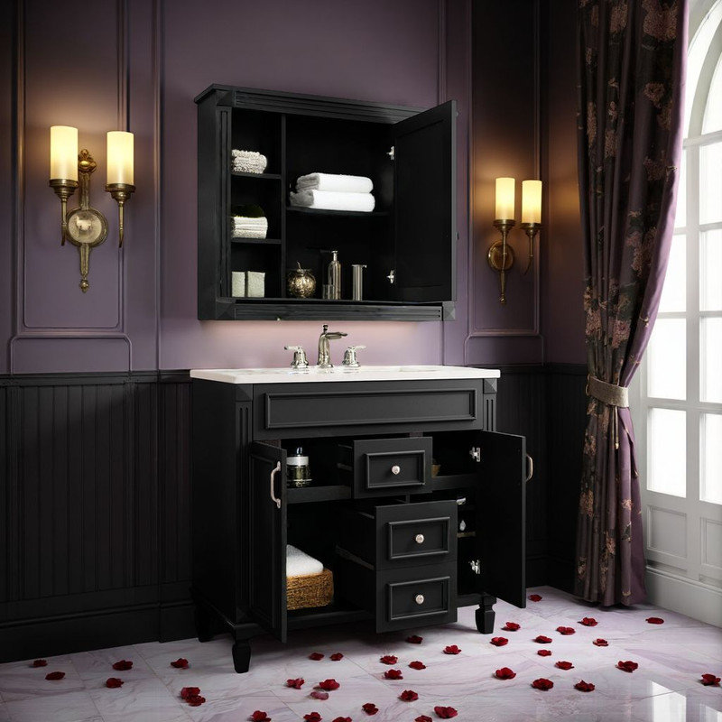 35" Bathroom Vanity Set w/ ?Mirror Cabinet - ?Soft-Close Drawers & ?Triple Storage, Black, Silver