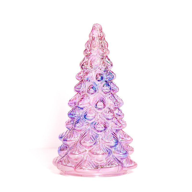 Arbre de Noël en verre coloré - Décoration de Noël de table avec minuterie pour la présentation de Noël, Rose