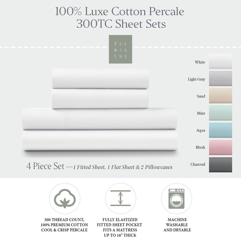 100% Cotton Percale Crisp and Cool Sheet Set, Queen Sheet Set with 4 Pieces Included, White