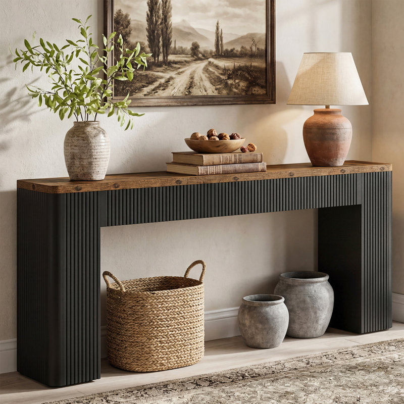 Console d'entrée extra longue 82,7 po, console de ferme cannelée, Black & Brown