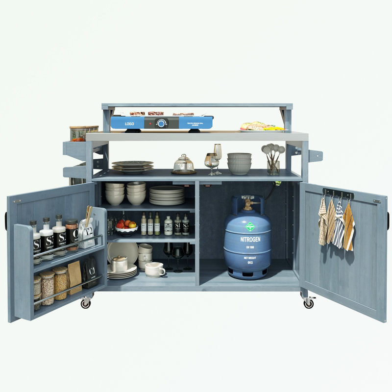 Îlot de cuisine avec tablette surélevée, plateau en acier inoxydable et tablette réglable, Bleu