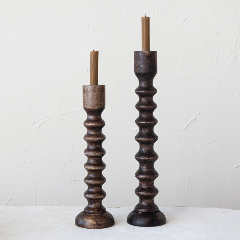 Hand-Carved Walnut Wood Tabletop Taper Candle Holder
