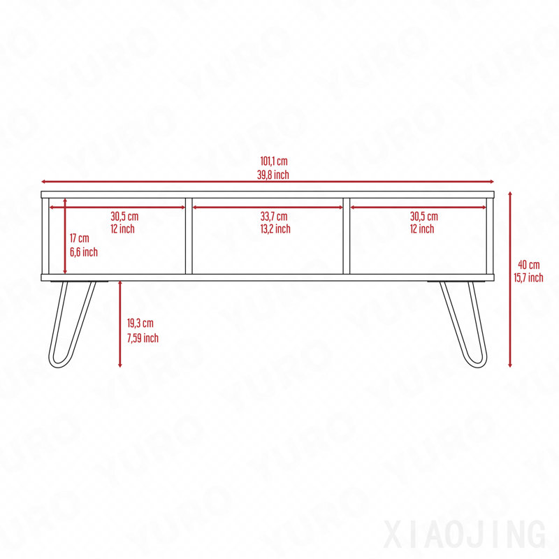 Table basse espresso avec pieds en épingle et deux tablettes, H 17,7 po x l 39,8 po x P 17,7 po