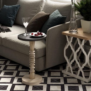 Table basse STKT, table de bout à plateau rond Farmhouse, noir et blanc