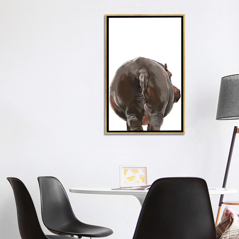 Art hippopotame, Toile encadrée d'or, H 48 po x l 32 po x P 1,5 po