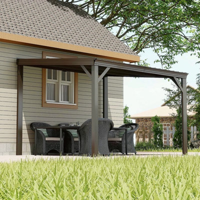 10 po x 10 pi Lean To Gazebo, pavillon de jardin mural à toit rigide extérieur avec toit en acier galvanisé incliné, abri robuste renforcé avec système de drainage pour terrasse, porche et cour arrière