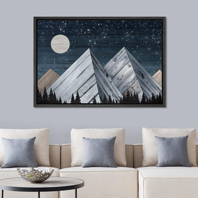 Western Wood Effect Landscape " Western Full Moon Stars White Mountain Forest Nature Artwork Wood Effect Panels Art Landscape "