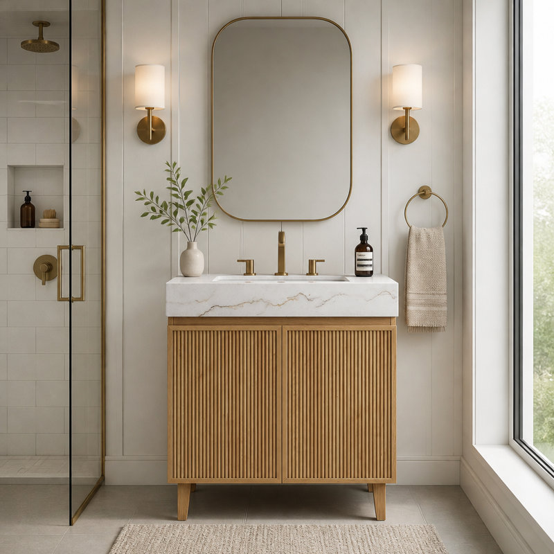 30" Freestanding Bathroom Vanity with Stone Top, Undermount Ceramic Basin and Soft-Close Doors, Ivory White,Natural Wood