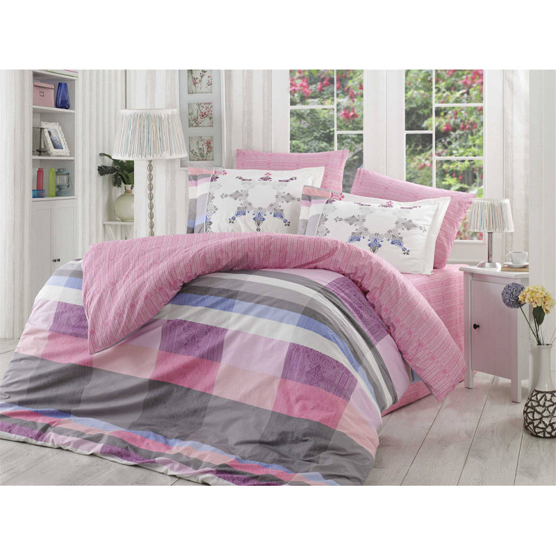 Ensemble de housse de couette 100% coton Cris lilas / gris / blanc, Housse de couette double TG + 3 pièces supplémen