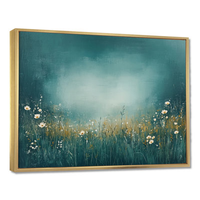 «Teal Spring Wildflowers Field III», art mural sur toile à motif floral blanc