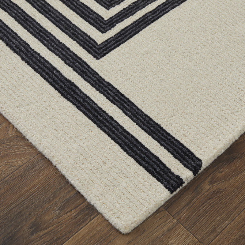 Black and Ivory Geometric Hand-Tufted Wool Rug 8' x 10'