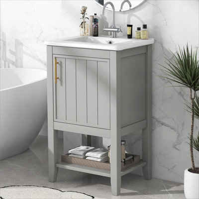 Meuble-lavabo de 20 po avec lavabo, armoire de salle de bain avec porte à fermeture douce, support de rangement et tablette ouverte, gris