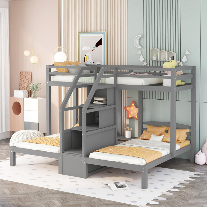 Lits superposés peu encombrants avec rangement, bois de pin, conception moderne pour un usage familial