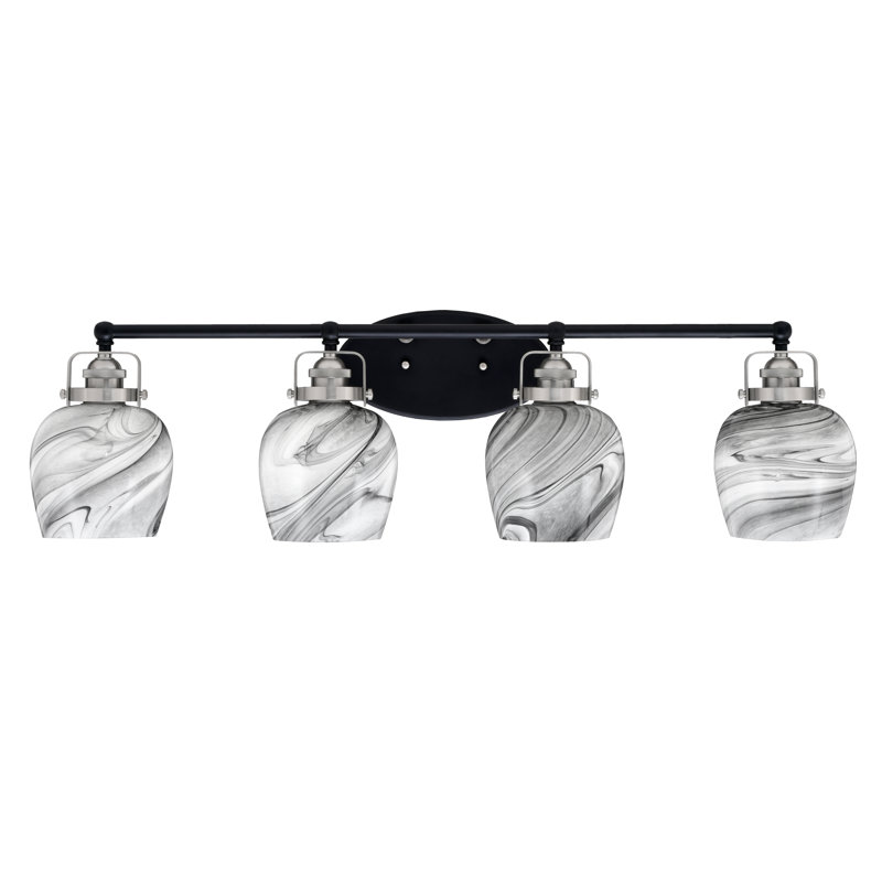 Barre d'éclairage de salle de bain 4 lumières avec verre tourbillon onyx 6 "Easton, Noir mat/nickel brossé