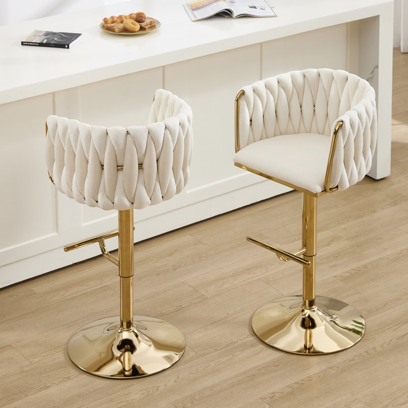 360° Velvet Swivel Bar Stools Set of 2, Modern Adjustable Counter Height Bar Stools with Upholstered Woven Backrest,for Kitchen Island, Bar ,Beige