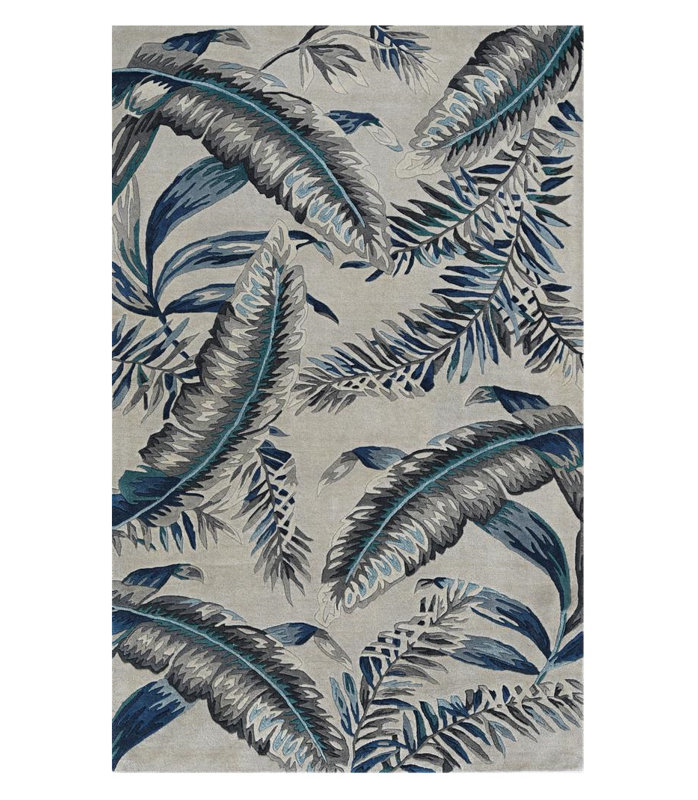 5' X 8' Blue and Gray Wool Botanical Leaves Hand Tufted Area Rug