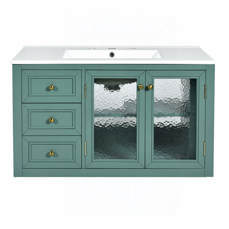 Meuble-lavabo mural avec lavabo en céramique, armoire de rangement flottante avec 3 tiroirs, armoire de salle de bain en bois massif
