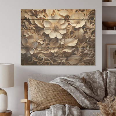 Motifs floraux organiques florissants - Art sur bois de pin naturel