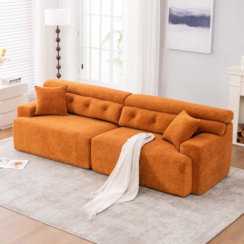 Canapé modulaire 4 places avec tissu en chenille grain de bois et 2 coussins, Orange