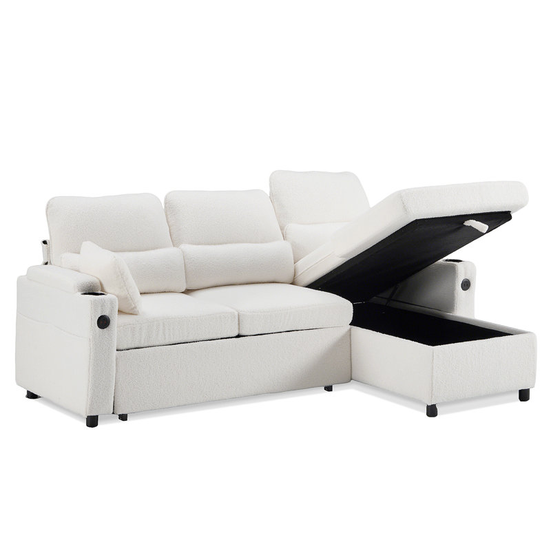 L-Shaped Linen Sleeper Sectional Sofa Bed with Storage Chaise, Solid Wood Frame, USB Charging, Teddy White Linen