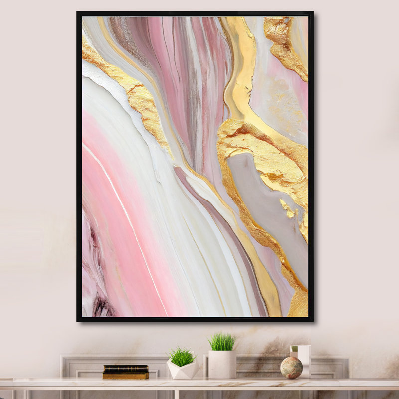 Rose et marbre doré abstrait III - art mural abstrait en marbre, H 32 po x l 24 po x P 1 po, Toile avec cadre flottant noir
