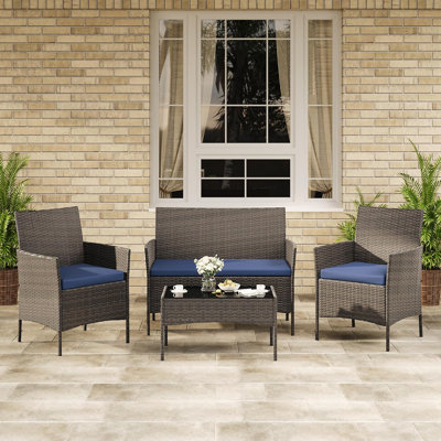 4-Piece Wicker Rattan Patio Conversation Set, 2 Chairs, 1 Loveseat and 1 Coffee Table, Outdoor Seating Set for Patio, Porch, Balcony and Bistro