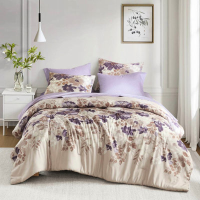 Édredon taupe floral avec draps de lit pour très grand lit - motif à losanges assorti, taille lavable à la machine