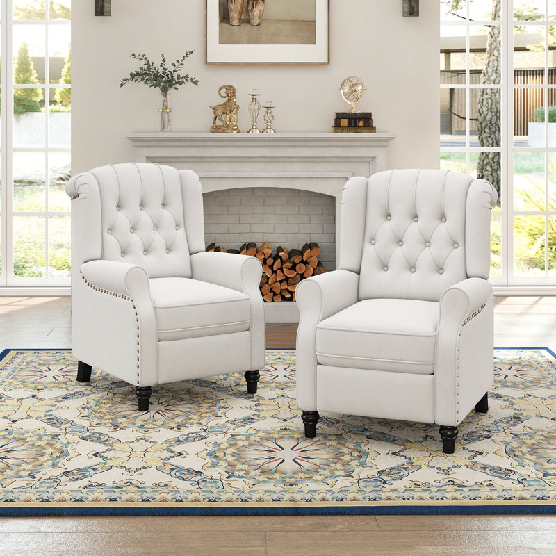 76cm Wide Classic Push Back Recliner with Tufted Back and Rivets, Off White Microfiber/Microsuede