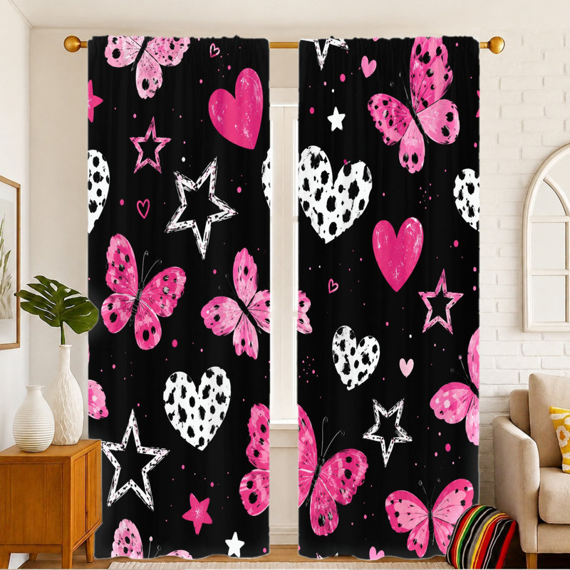 2Pcs Rideaux mignons à imprimé d'étoiles en cœur papillon, W52*H63in*2pcs