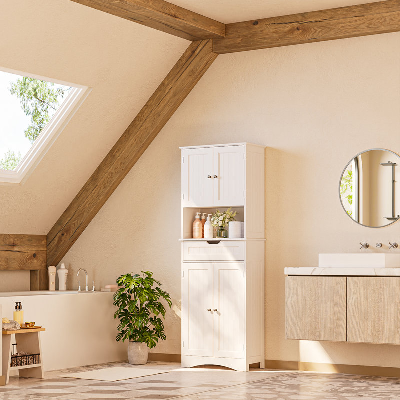 Freestanding Linen Cabinet with 2 Storage Cabinets, 1 Large Drawer & 1 Open Shelf for Bathroom, Kitchen or Living Room