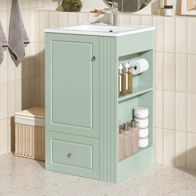 Bathroom Vanity With Sink, Soft-Close Drawer And Open Side Shelves, Green