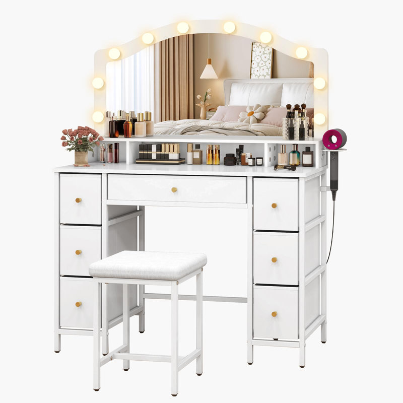 Deogilde Dressing Table with 10 LED Bulbs, Large Tabletop Makeup Vanity Desk with 7 Fabric Drawers, Stool