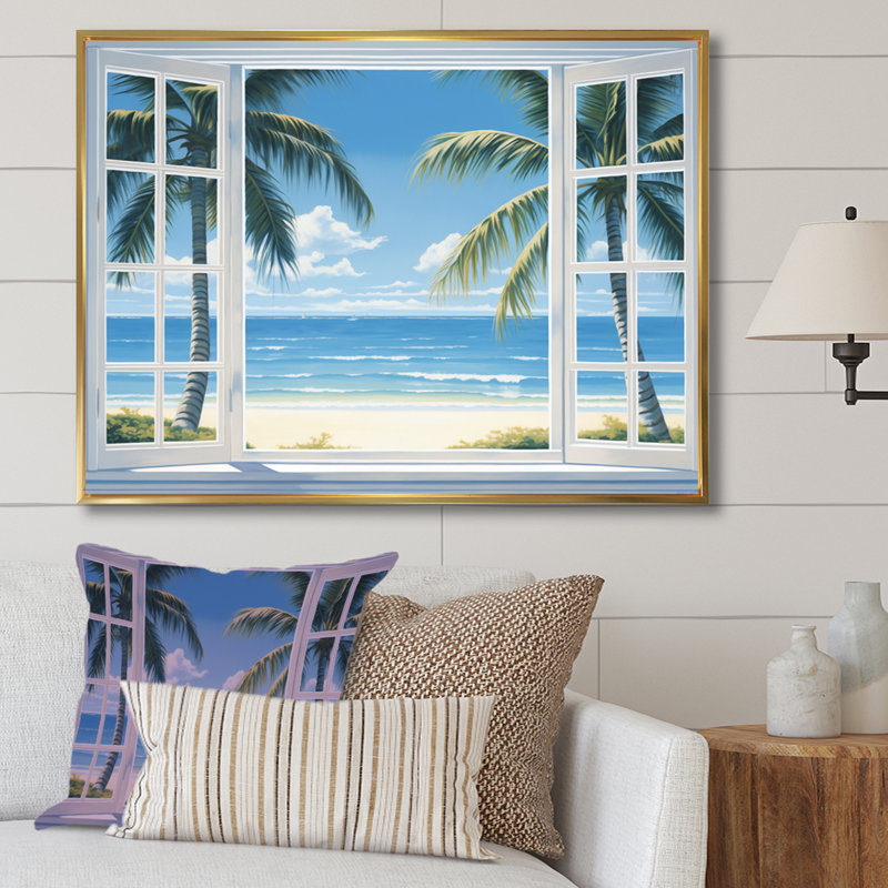 Vue sur l'océan par une fenêtre blanche ouverte I - art sur toile côtier, H 12 po x l 20 po x P 1 po, Cadre flottant doré