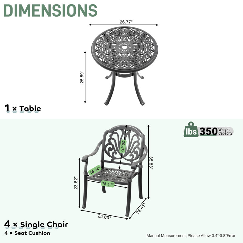 Ensemble de salle à manger rond de patio 5 pièces de 26,77 po avec trou pour parasol, 4 chaises empilables avec coussins bruns