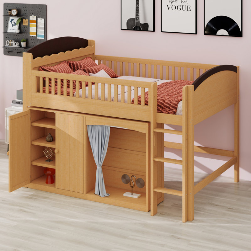 Lit mezzanine avec armoire de rangement et garde-robe, Bois