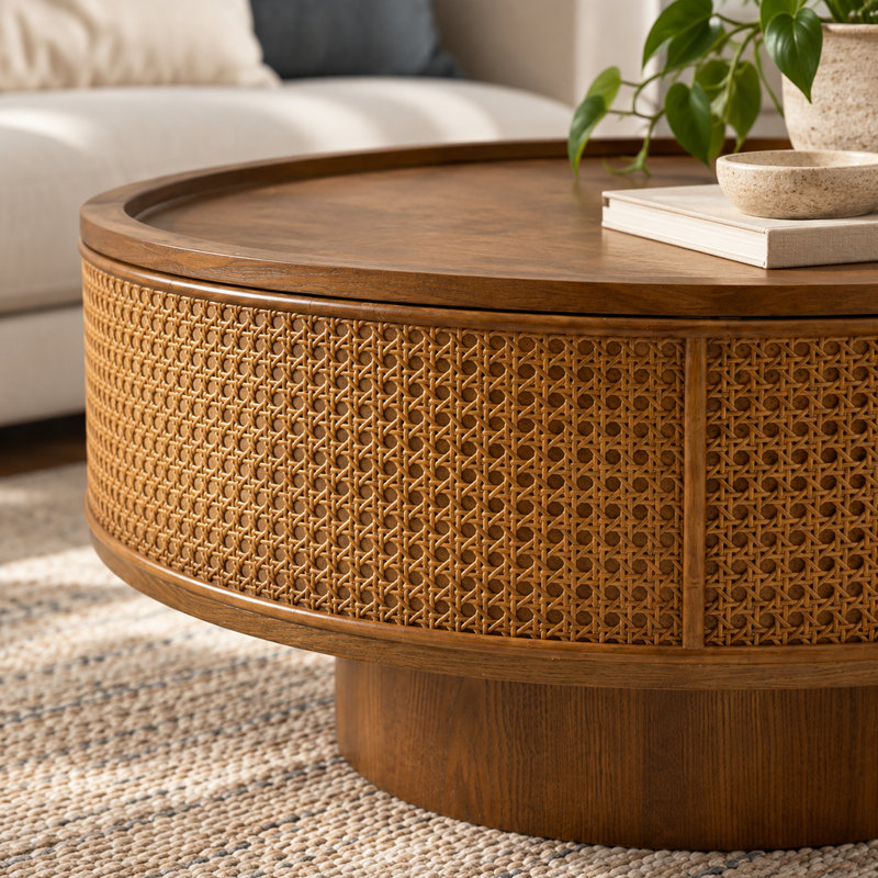 Table basse ronde de style bohème avec rangement intégré, 78,3 cm (30,85 po), en rotin brun noyer avec espace de rangement dissimulé