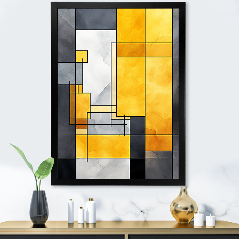 Fusion géométrique jaune et gris 3, Cadre simple noir, H 44 po x l 34 po x P 1,5 po
