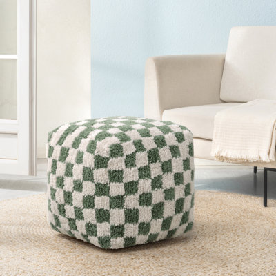 Marta 20" Sage Checkered Upholstered Pouf Ottoman