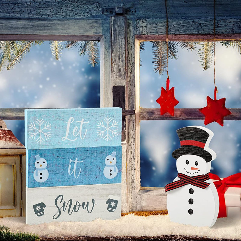 Décorations de blocs de bois d'hiver - bois naturel / accents blancs - bonhomme de neige et décor «Let It Snow» / plateau rustique à niveaux et manteau de cheminée