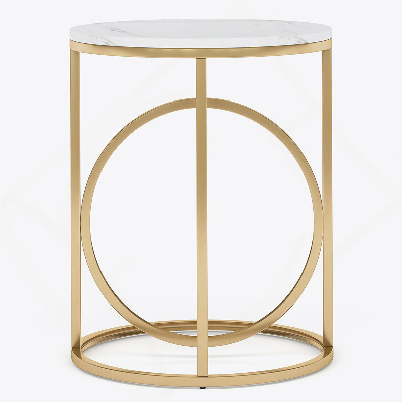 Table de bout ronde de 20 po pour le salon, table d'appoint en marbre moderne avec structure en métal doré, table d'appoint blanche et dorée, table de chevet étroite de 26 po de hauteur pour la chambre à coucher