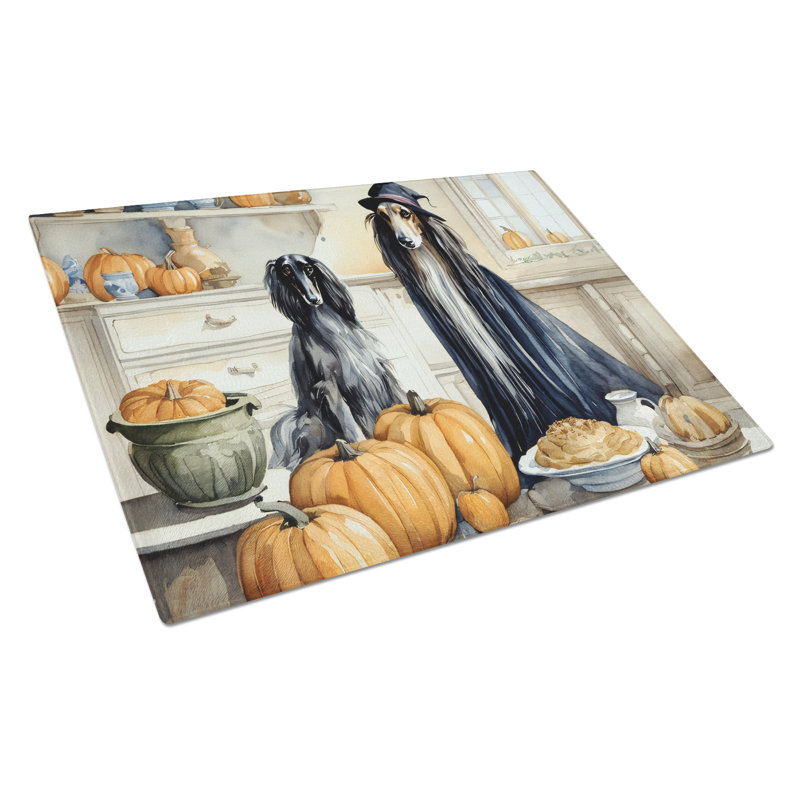 Afghan Hound Fall Kitchen Pumpkins Glass Cutting Board Large