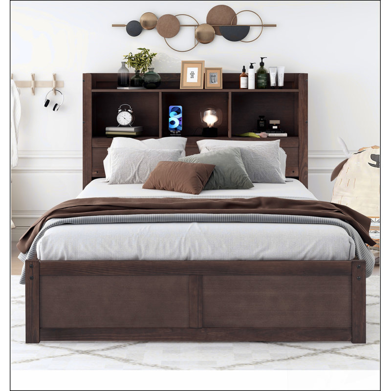 Lit plateforme avec rangement et tablettes coulissantes, lit gigogne et 2 tiroirs, Espresso