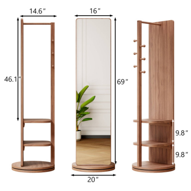 Portemanteaux en bois massif avec miroir à 360 ° en noyer et miroir, 68,8 po x 19,69 po, Noyer