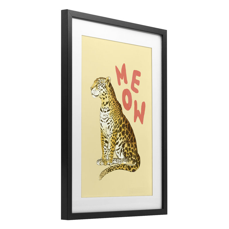 «Meow Leopard» sur toile encadrée jaune, design par Florentina Dolci, Cadre noir minuit sous verre, H 23 po x l 17 po