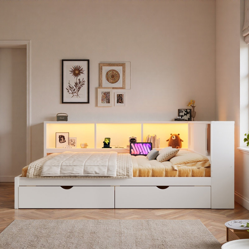 Wood Daybed With Storage Shelves, Usb Ports, Led And 2 Drawers, White