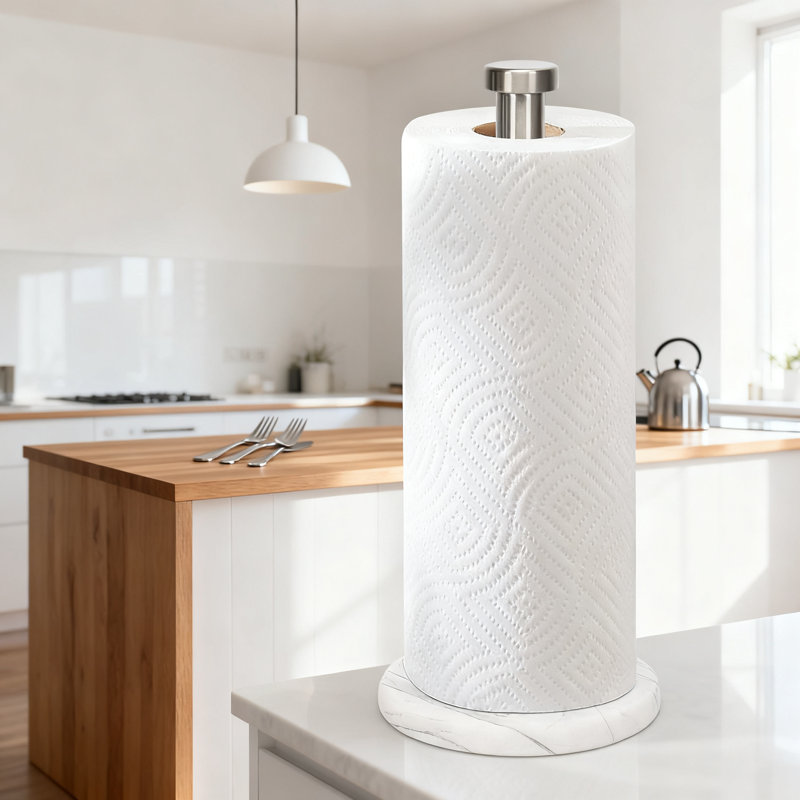 Porte-essuie-tout autoportant avec base en marbre lesté, support en nickel brossé pour comptoir de cuisine ou de salle de bain, peut contenir des rouleaux standard et jumbo sans aucune installation requise