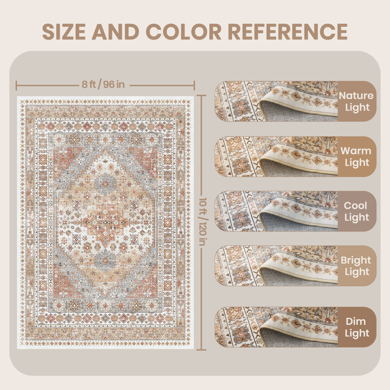 Malaika Machine-Washable Non-Slip Medallion Area Rug, Rectangle 8' x 10', Orange